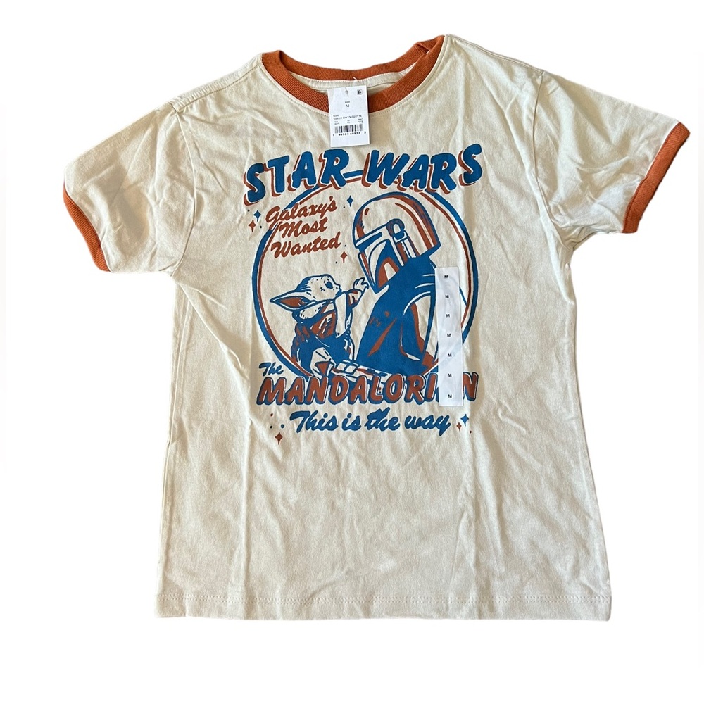 Star Wars Kids Medium Cream Ringer Tee Mad Engine Mandalorian Shirt
